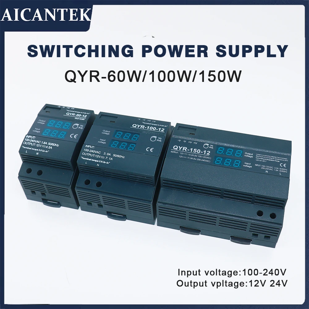 DIN Rail Switching Power Supply QYR-60W 100W 150W with Digital Display Step Shape Industrial for LED Light Strip AC-DC 12V 24V