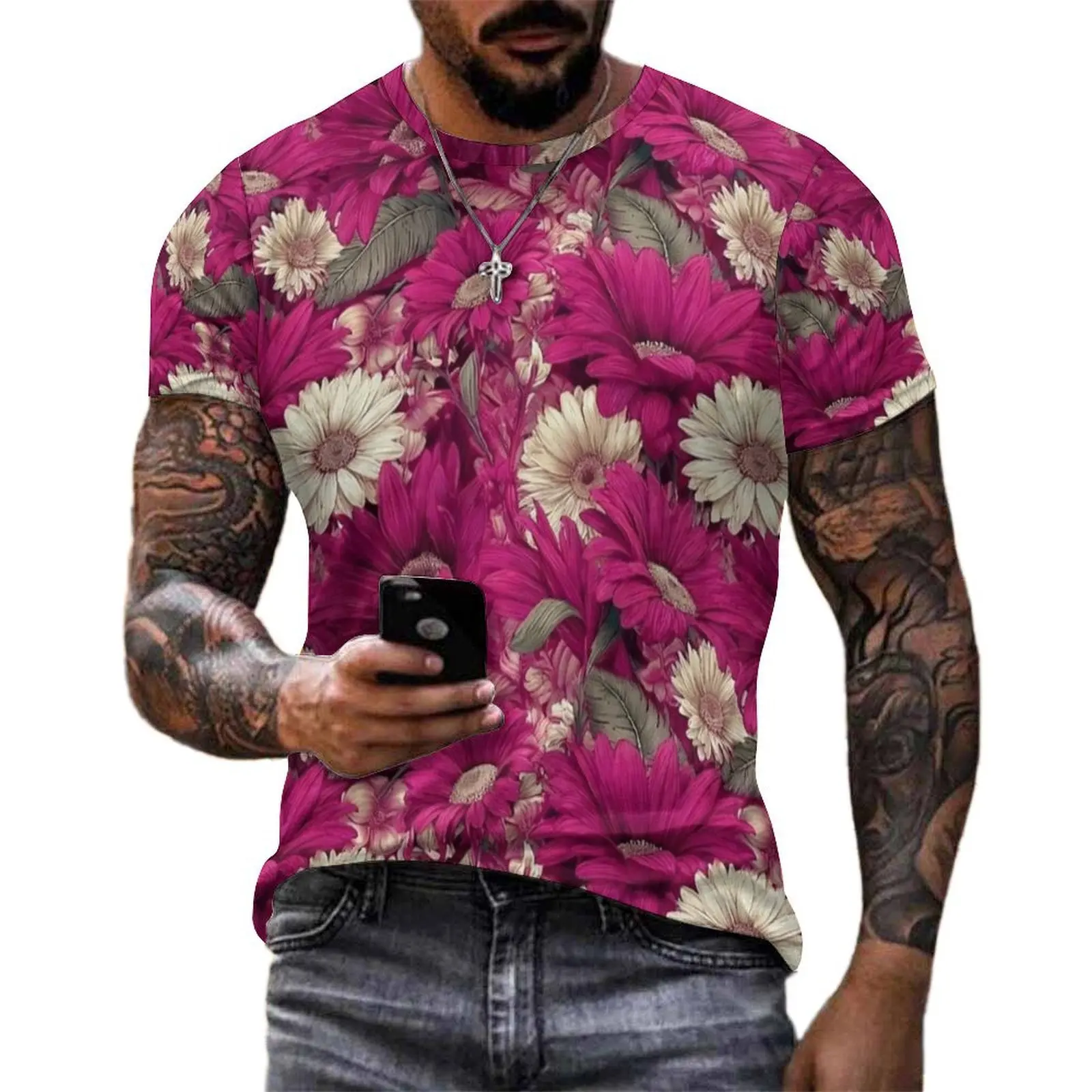 Whimsical Daisy Retro Print T-Shirt For Men O Neck T Shirts Original Harajuku Tops Short Sleeve Basic Oversize Tees Gift