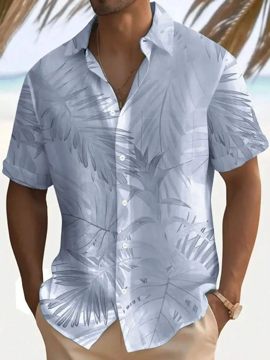 

Mens Hawaiian Leaf Print Loose Lightweight Button-Down Short Sleeve Shirt