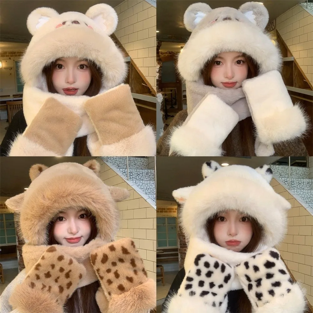 3pcs/Set 3 Piece Set Bear Hat Scarf Gloves Set Thick Warm Cold Proof Winter Hat Scarf Gloves Set Cold Weather Earflap