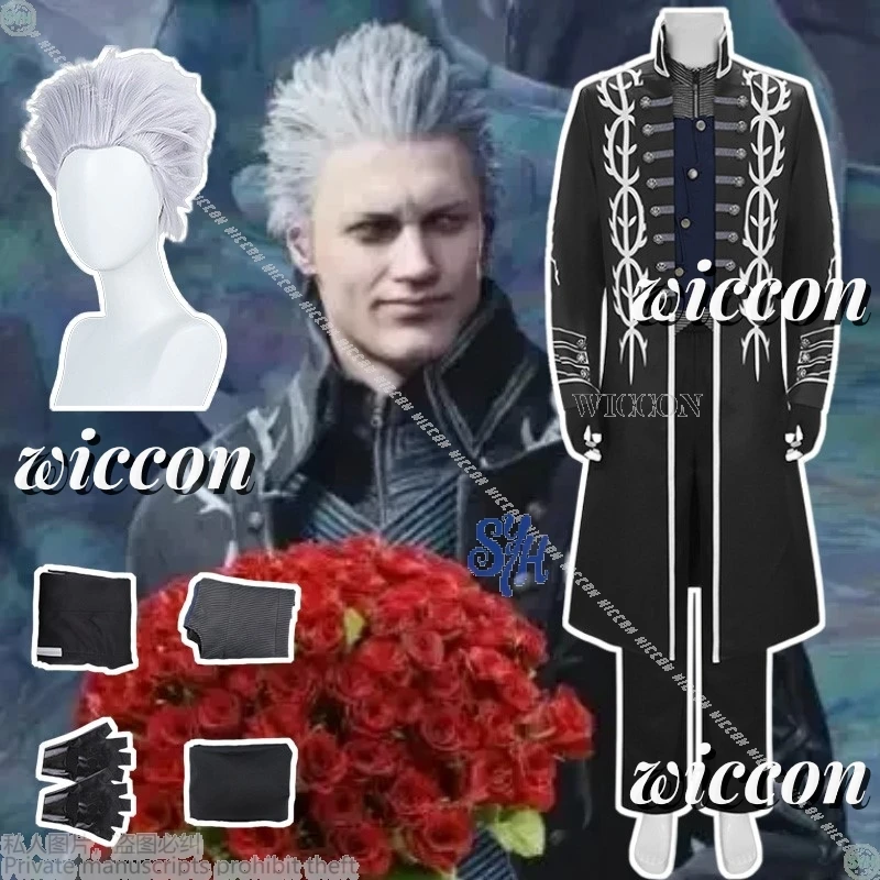 

Anime Game DMC5 Cosplay Vergil Costume Demon Cos Cryy Long Black Punk Goth Coat Uniform Pants Jacket Vest Wigs Halloween Party