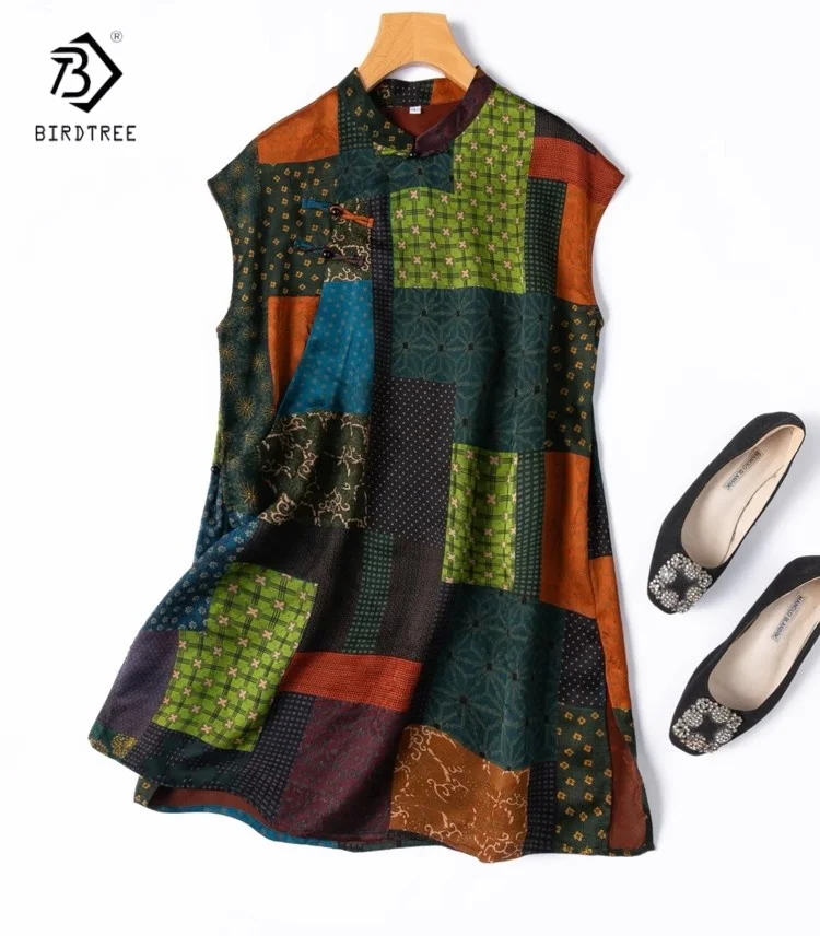 

Birdtree Summer 100% Silk Vest,Women Jacquard Printing Stand Collar Diagonal Placket Loose Vest,New 2025 T55915JF