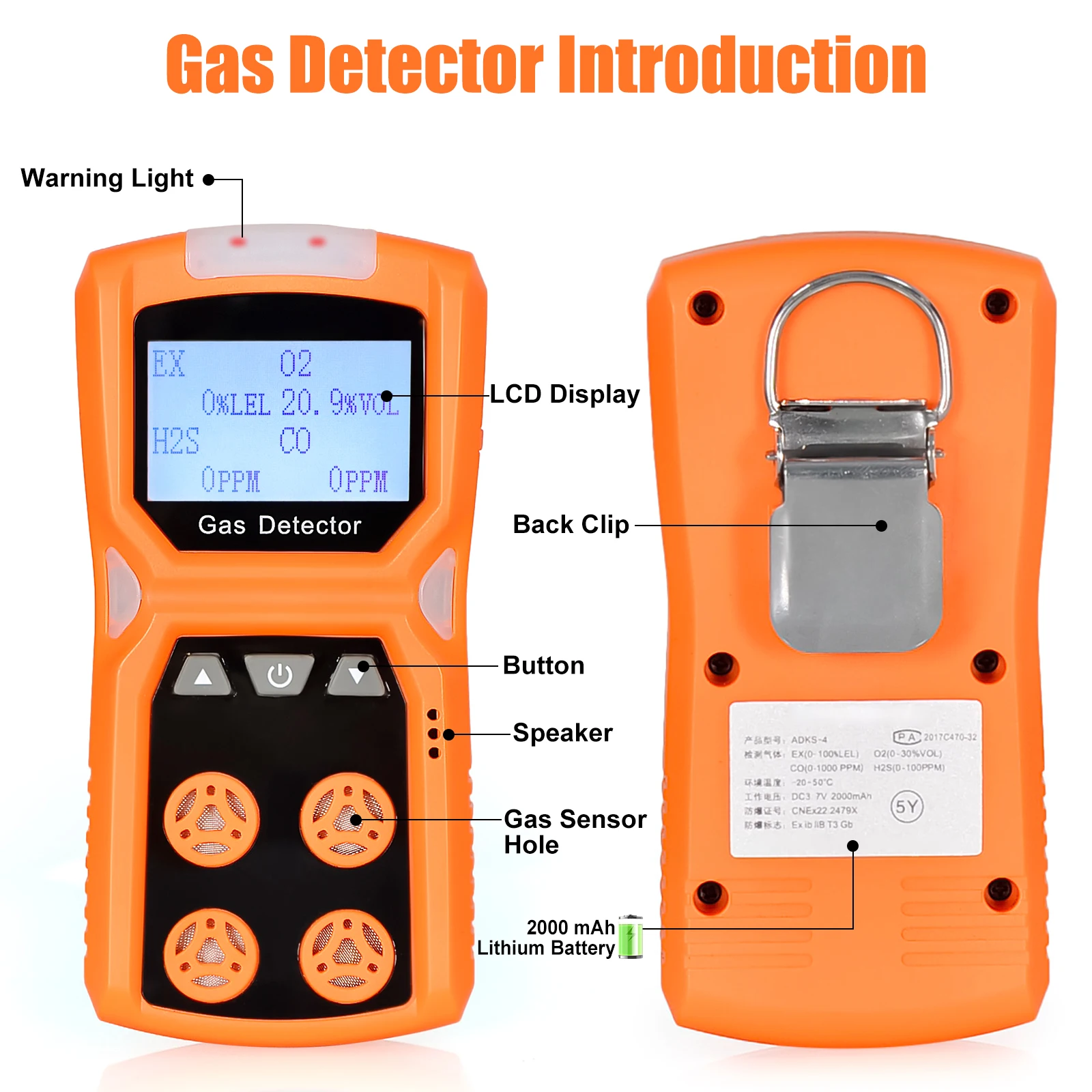 4-in-1 O2 H2S CO LEL Gas Detector, Portable Combustible Toxic Gas Leak Analyzer for Industrial Safety & Confined Space Work