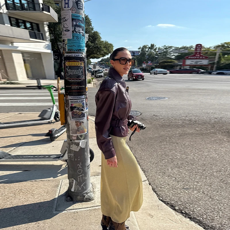 Giacca in pelle da donna vintage colletto alla coreana tasca cappotto corto cintura retrò cerniera capispalla 2025 nuove giacche da donna autunno inverno