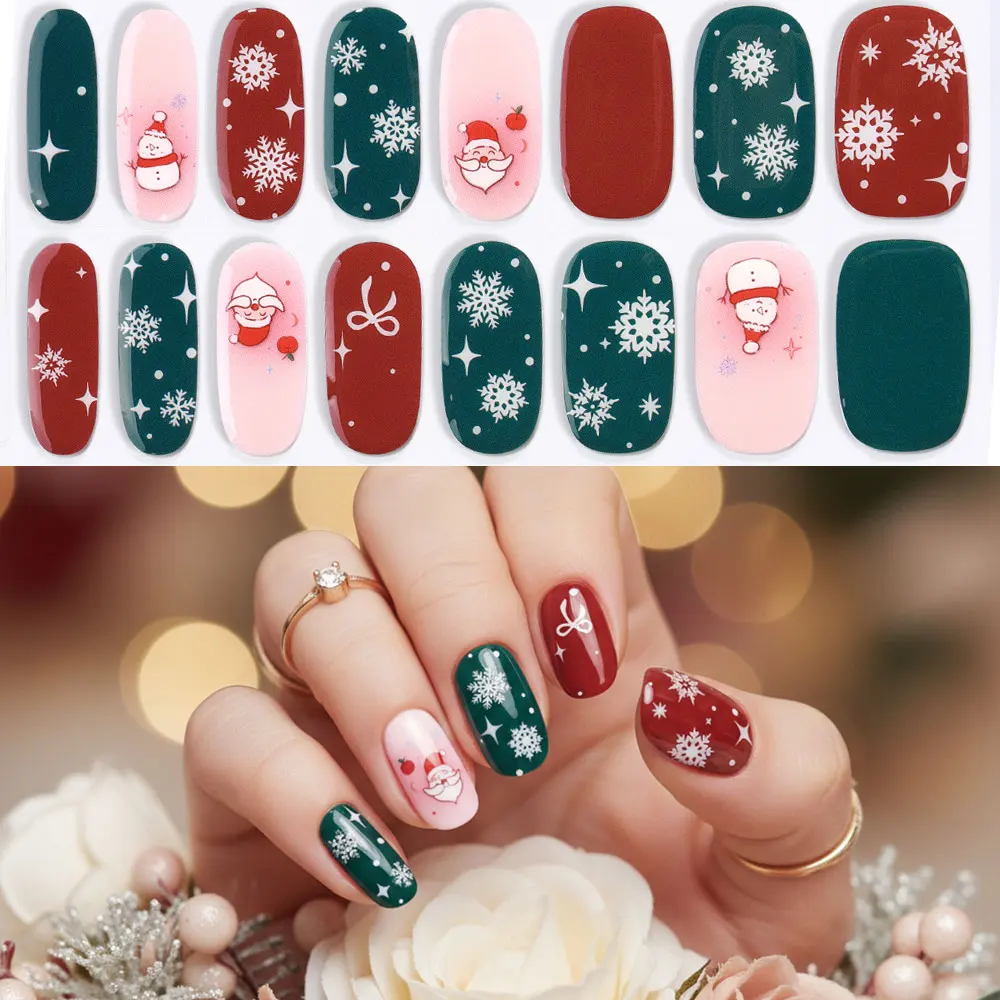 16Tips Christmas Semi Cured Gel Nail Strips Snowflake Snowman Grid Self-Adhesive Gel Nail Wraps Full Cover Nail Sticker LED Lamp