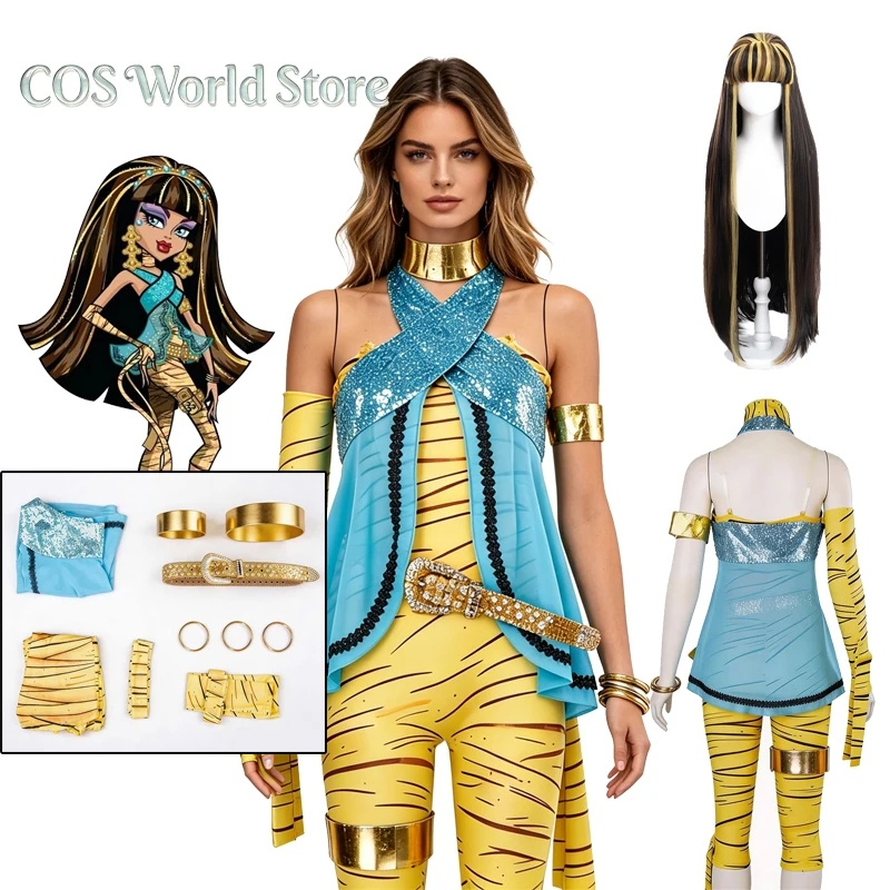 

Anime Cleo De Nile Cosplay Costumes Monster School Role Play Uniform Wig Vest Pants Outfit Set Halloween Carnival Party Outfit