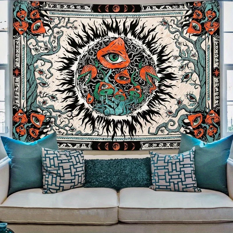1pc Burning Sun Tapestry, Hippie Eye Mandala Vine Moon Phase Wall Hanging, Boho Decor for Room