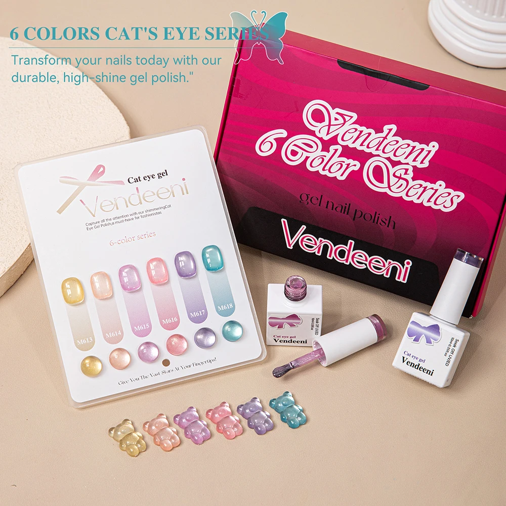 Vendeeni 6 Colors/Set Glass Bead Crystal Cat Eye Gel Nail Polish Semi Permanent Clear Jelly UV Magnetic Gel Varnish With Display