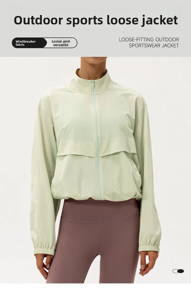 Outdoor-Sport-Windjacke für Damen, locker geschnittener, lässiger Yoga-Anzug mit Reißverschluss, Stehkragen, Laufjacke, Fitness-Windjacke, winddicht – Detail 1
