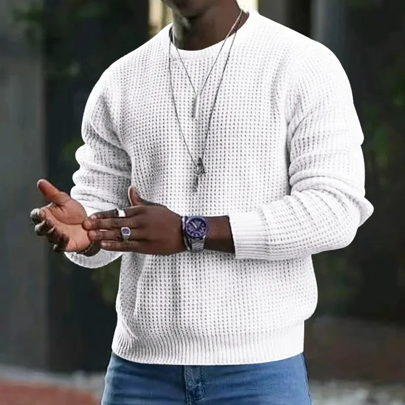 

Solid Color Wfle Round Neck Pullover Sweater Trend New Autumn and Winter Cotton Sports Men's