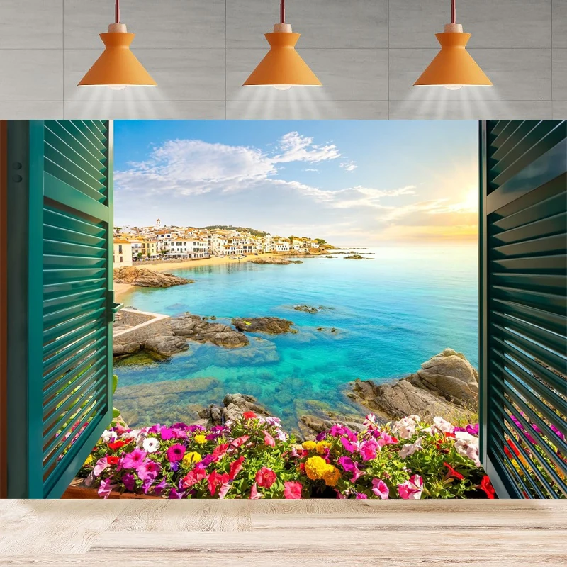 Window View Coastal City Photography Backdrop Mediterranean Village Blue Sea Beach Sunset Scenery Background Party Backdrop Wall