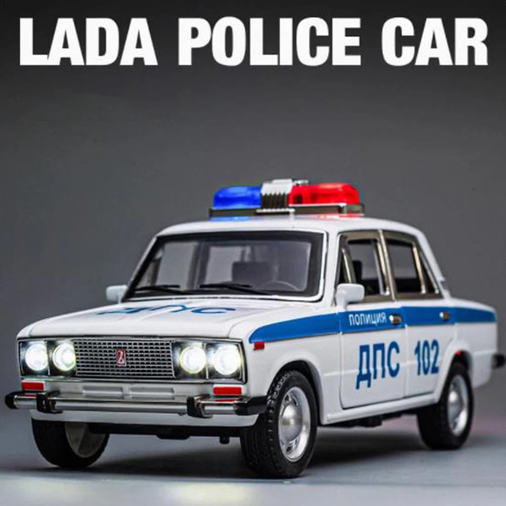 

1:24 Lada 2106 Police Car Model Toy Metal Diecast Vintage Cars Sound Light Doors Opened Pull Back Simulation Vehicles Kids Gifts
