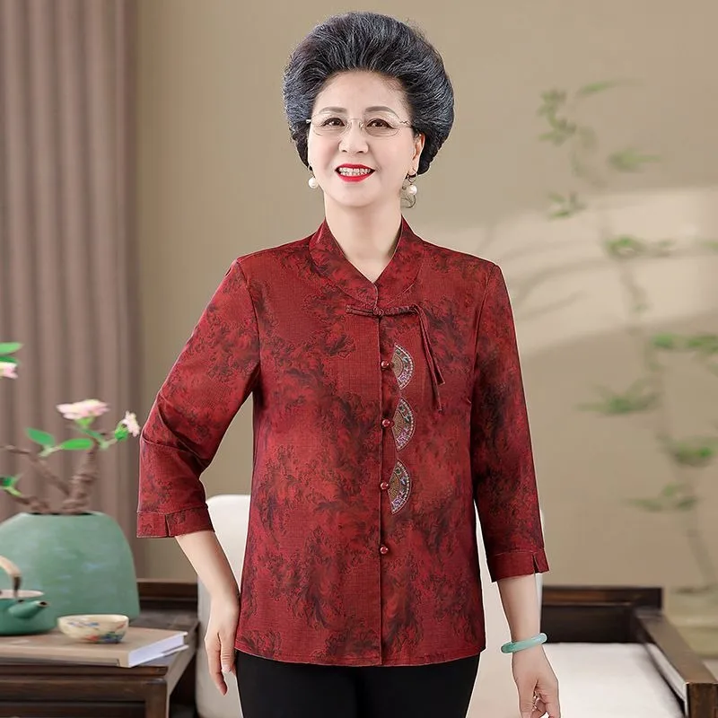 

Блузка для пожилых женщин в китайском стиле с цветочным принтом, с коротким рукавом, воротником-стойкой, повседневный топ