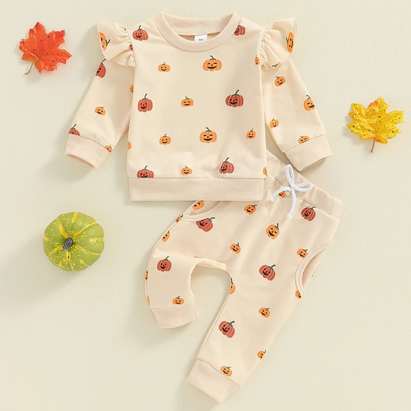 Toddler Clothes Baby Girl Fall Halloween Outfit Pumpkin Print Long Sleeve Pullover Pants  Set 2 Pcs Baby Clothing