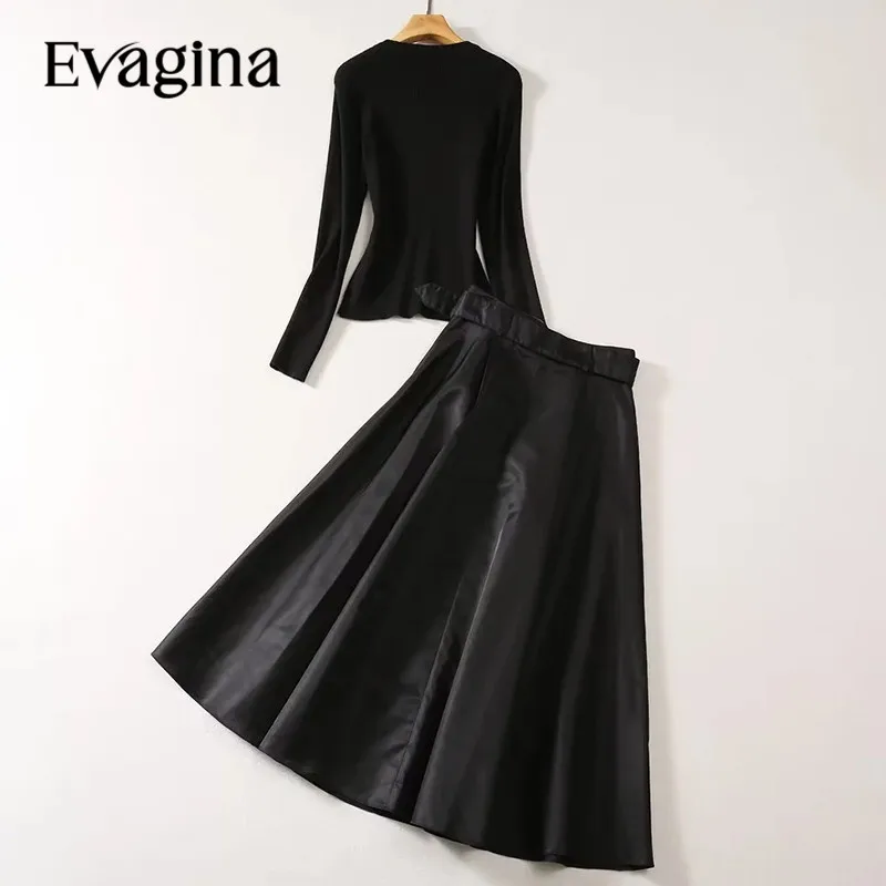 Evagina 2024 New Fashion Runway Designer Women's Round Neck Long Sleeved Black Knitted Sweater Tops+Black Skirt 2pcs Set