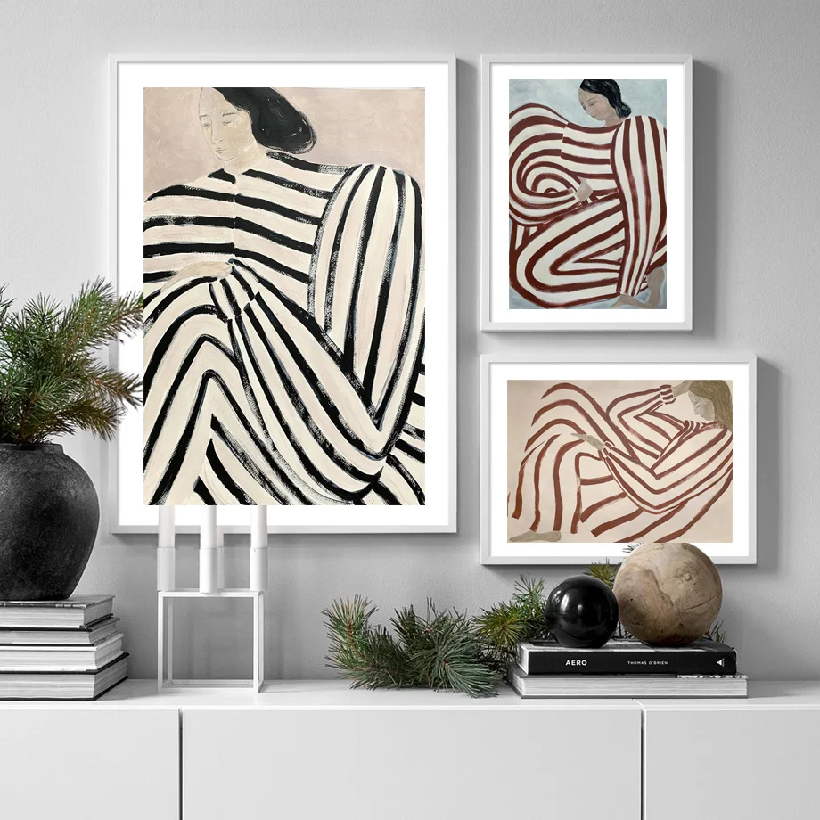 Curve Stripe Girl Line Bird Leaf Modern Abstract Posters And Prints Wall Art Canvas Painting Bar Pictures For Living Room Decor