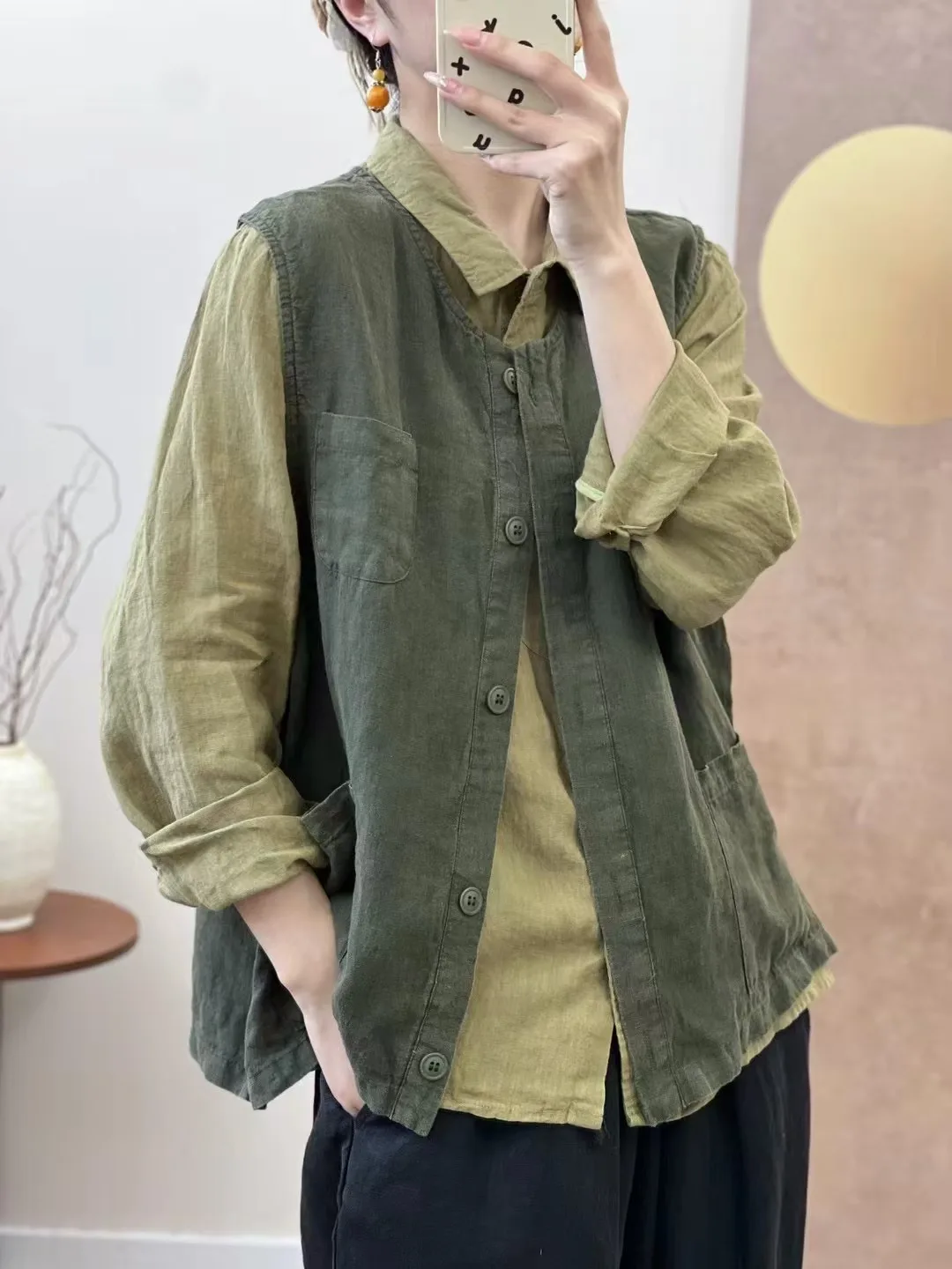 Autumn 2024 New Pure Linen Loose Women's Jaet Svel Outerwear Retro Artistic Sle Slimming Ladies Vest Top