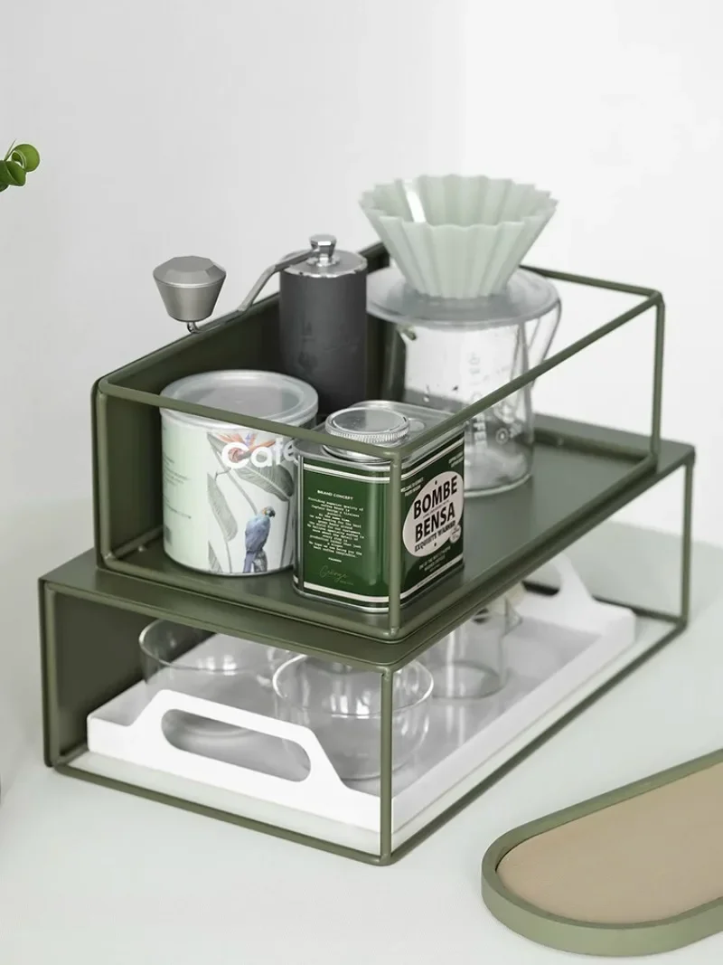 AhunderJiaz Dark Green Height Enhancement Shelf  Desktop Iron Shelf  Metal Bookshelf  Coffee Corner Simple Organizer