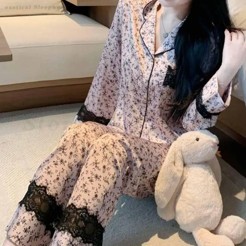 

Cherry Blossom Lace Sexy Pajamas Summer New Breathable Lapel Nightwear 2 Pcs Shirt&pant Comfortable Home Clothes Nightwear