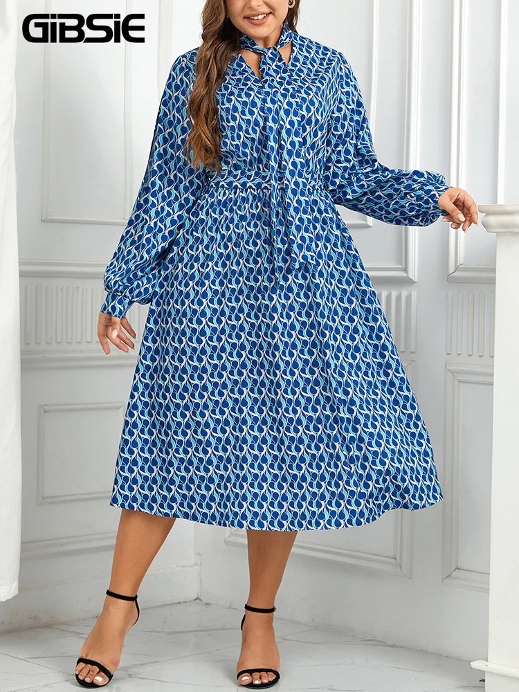 GIBSIE Plus Size Bow Tie Neck Belted Print Long Dress Women Spring Fall Casual Fashion Party A-Line Dresses with Slit Sleeve