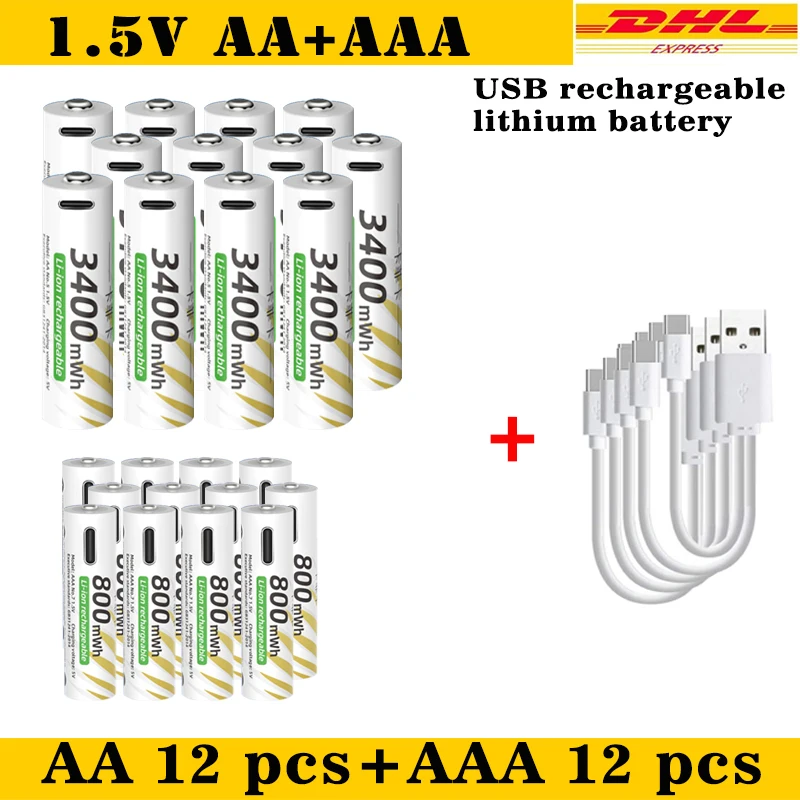 

New Li-ion AAA and️ AA Rechargeable Batteries USB Lithium-ion 3400mWh 1.5V AA Rechargeable Batteries+800mWh 1.5V AAA Batt