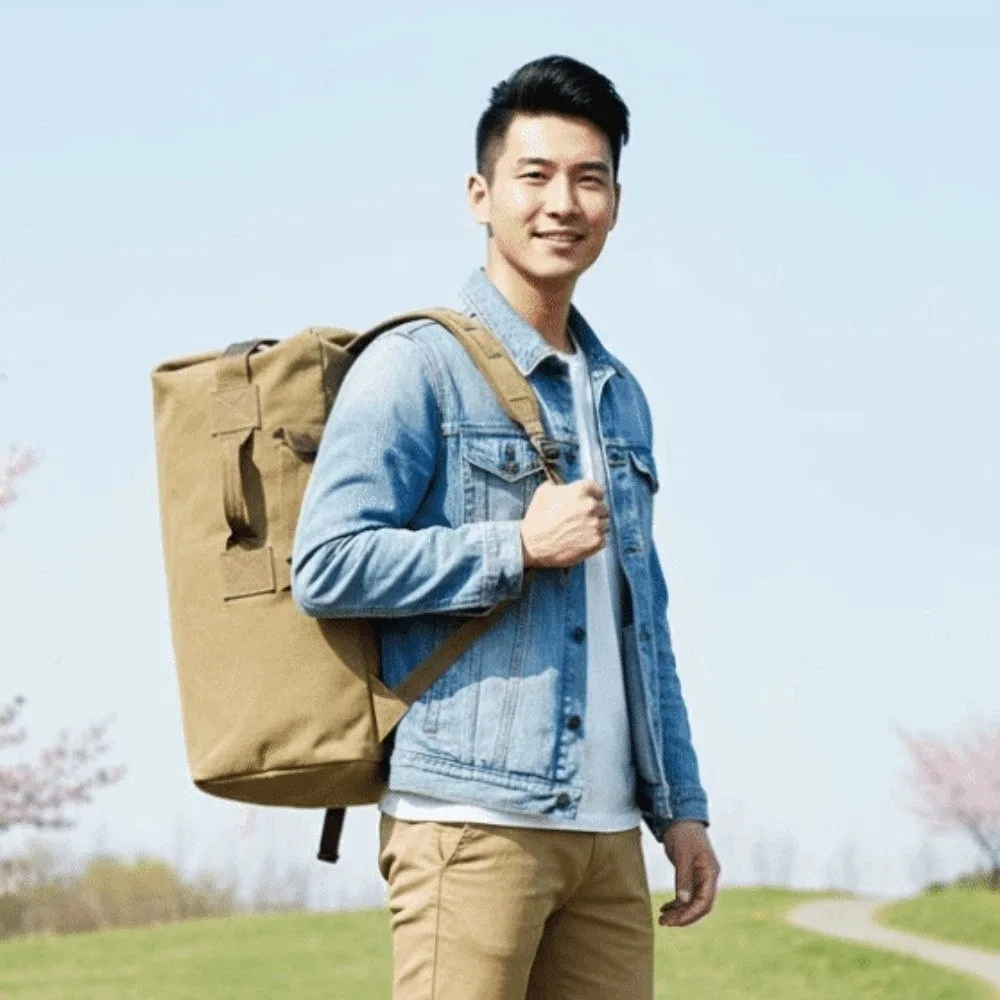 

Elegant Vintage Canvas Rucksack Folding Solid Color Multi-pockets Design Backpack Daypack Multi-purpose