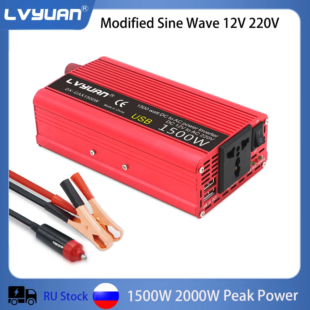 Inverter 1500W 2000W DC 12V To AC 220V Peak Power 50Hz with Dual USB Cooling Fan Universal Socket Auto Converter Inverter