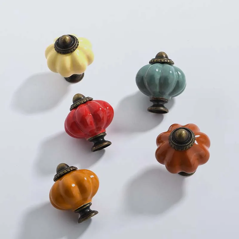 

Pastoral Ceramic Pumpkin Solid Color Handle Drawer Cabinet Door American Furniture Single Hole Pull Ring Handle Dresser Knobs