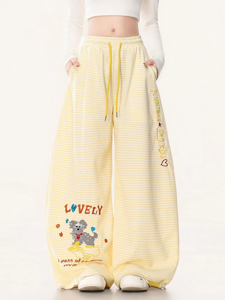 Cute Cartoon Striped Pants Women Loose Letter Preppy Style Kawaii Trousers Fall Winter Vintage Lady Lace Up Casual Pockets Pant