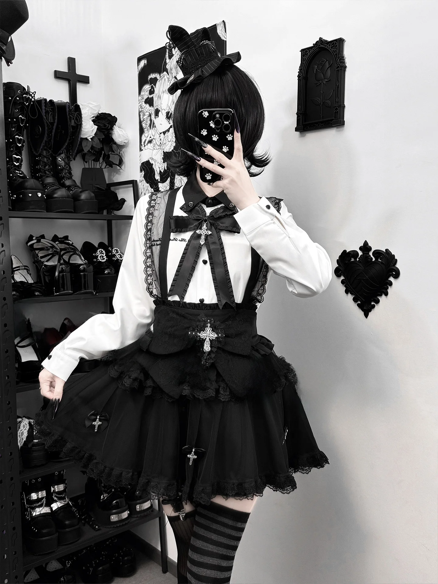 

Белая длинная блузка с вышивкой и черная тюлевая юбка: комплект в стиле Y2K, кружевная серия, осенне-зимний женский модный наряд