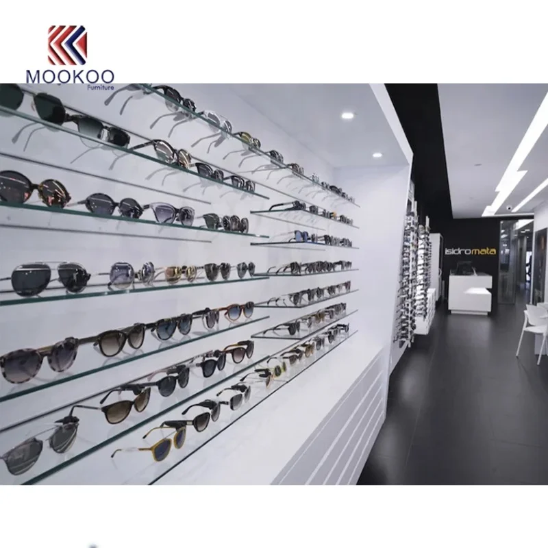 custom.Modern White Optical Shop Wooden Cabinet with LED Lit Luxury Eyewear Display Wall Rack
