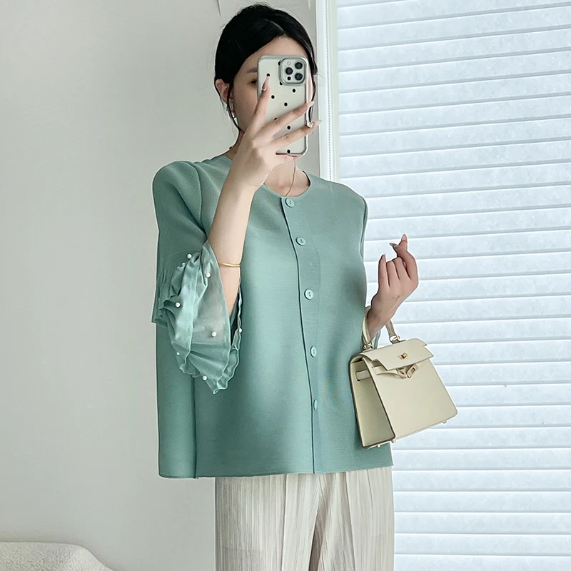 

Miyake Pleated Beading Ladies Top Women Elegant O-Neck Pearls Floral Flare Sleeve Loose High Stetch Solid Color Blouses Blusa