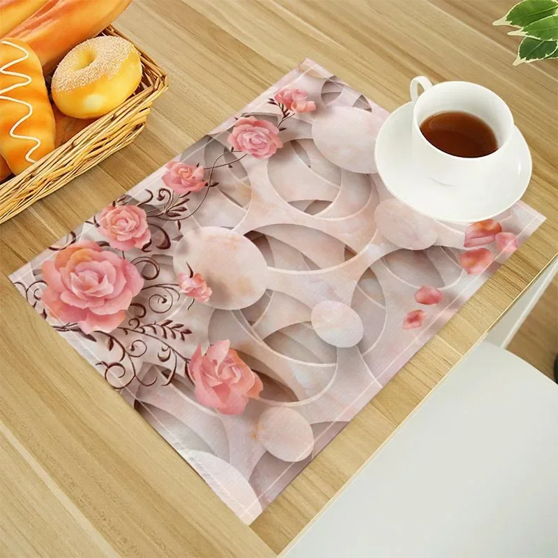 Rose Flower Print Linen Dining Table Mats Alphabet Kitchen Placemat 32X45cm Coasters Pads Bowl Cup Mat