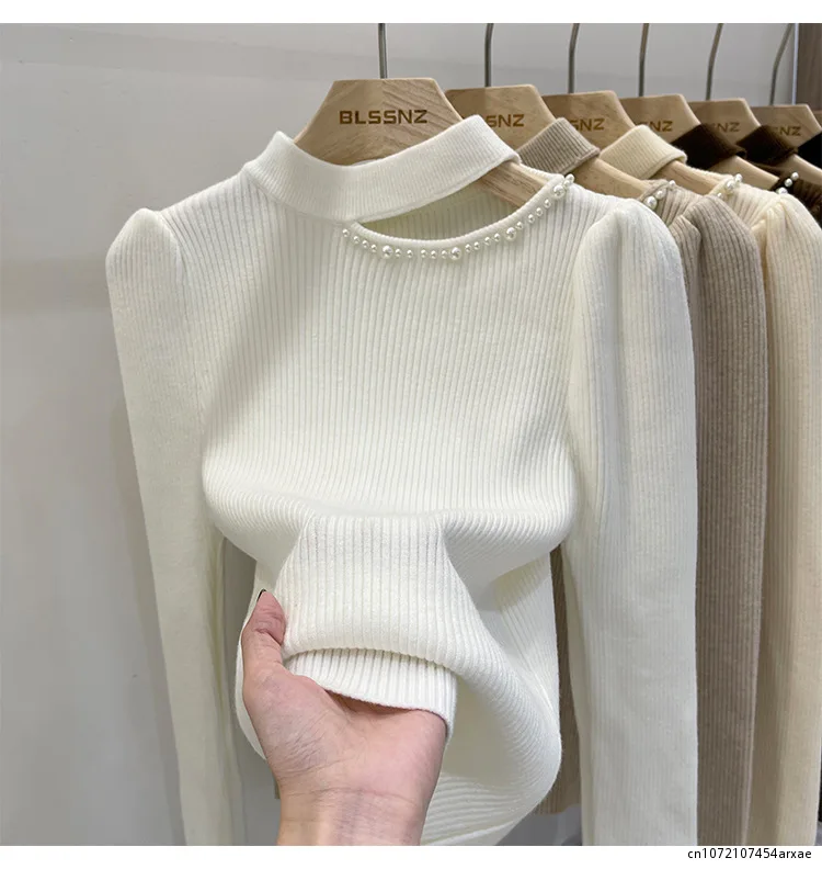 New Spring Autumn Women Sweater Halter Neck Design Hollow Out Solid Color Long Sleeve Slim Bottoming Knitted Tops 2023