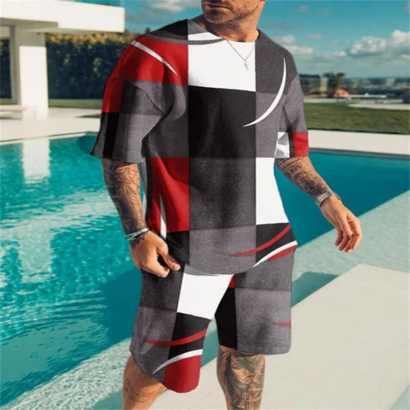 Summer Beach Men\'s Tshirt Set 3D Print Geometric Pattern Men Woman Round Neck T-Shirt Shorts Two Piece Set Casual Man Clothing