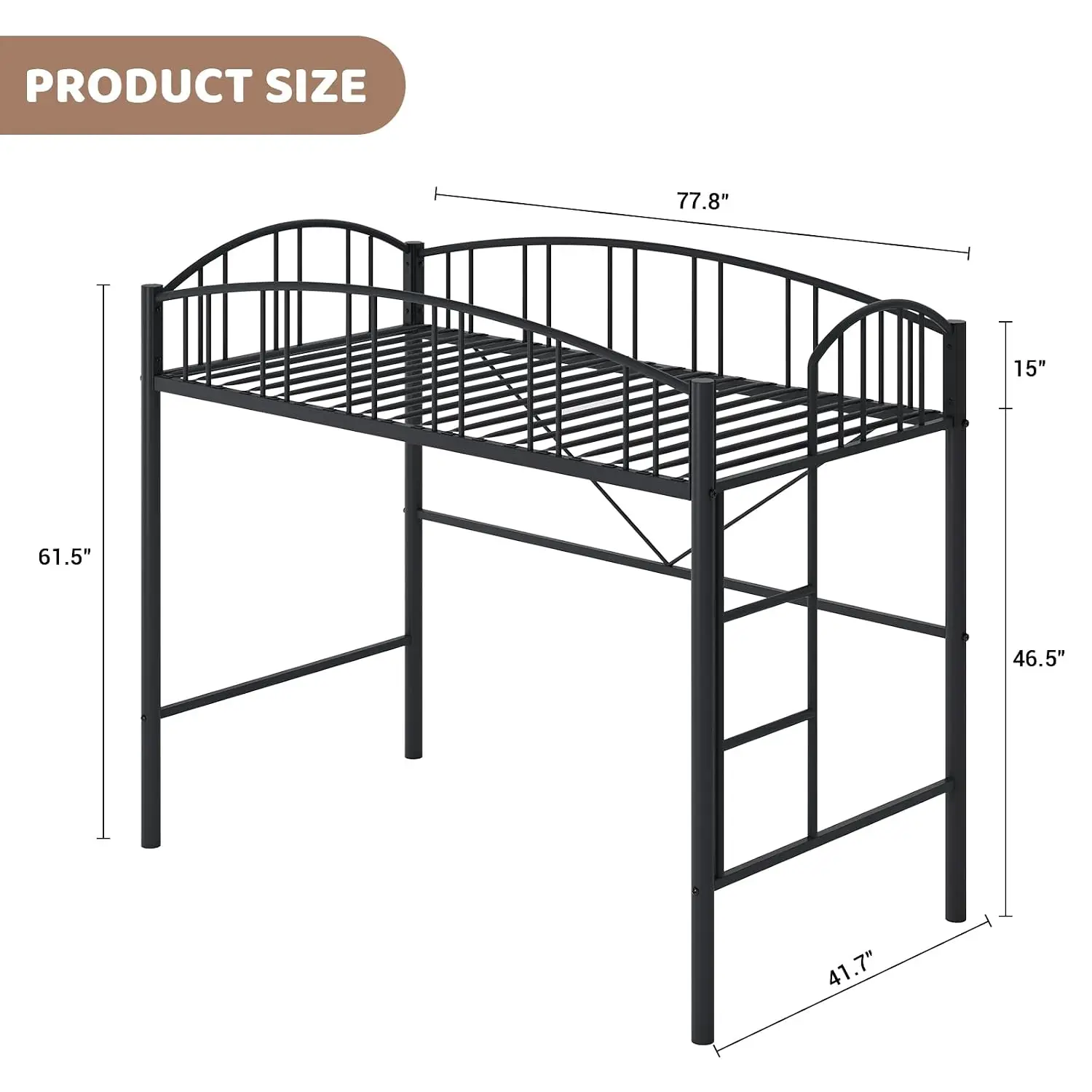 Heavy Duty Metal Loft Bed Frame, Sturdy Steel Slats Support, Small Space Saving Design, No Box Spring Needed, Black