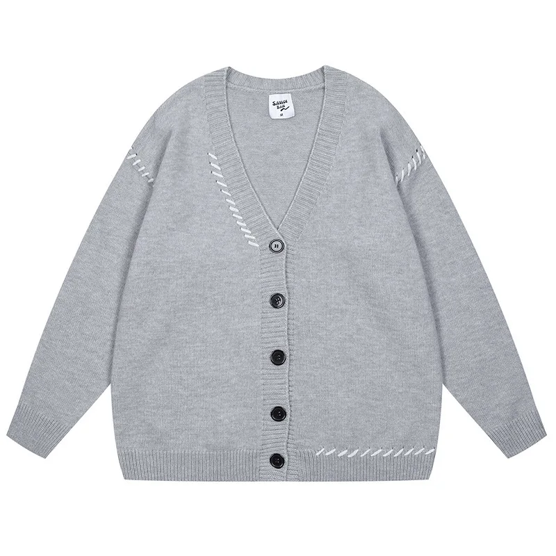 Suéter tipo cárdigan con cuello en V y costuras de hilo brillante en contraste de marca de moda, suéter chaqueta holgada versátil para hombres y mujeres