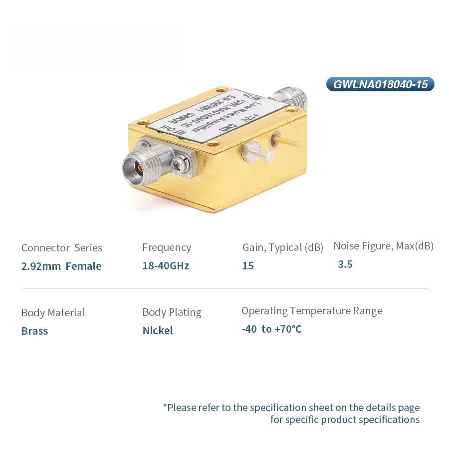 

2.92 Female RF Amplifier with 15dB Gain and 3.5dB Noise Figure Low Noise Design for 18GHz-40GHz