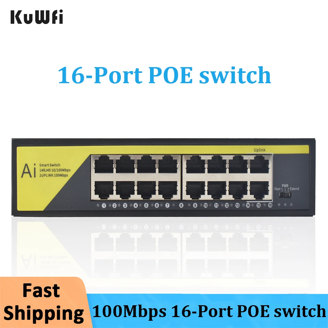 KuWFi 16 Port POE Switch 10/100Mbps VLAN Ethernet Switch Uplink Plug and Play Network Switch For CCTV IP Camera/Wifi Router