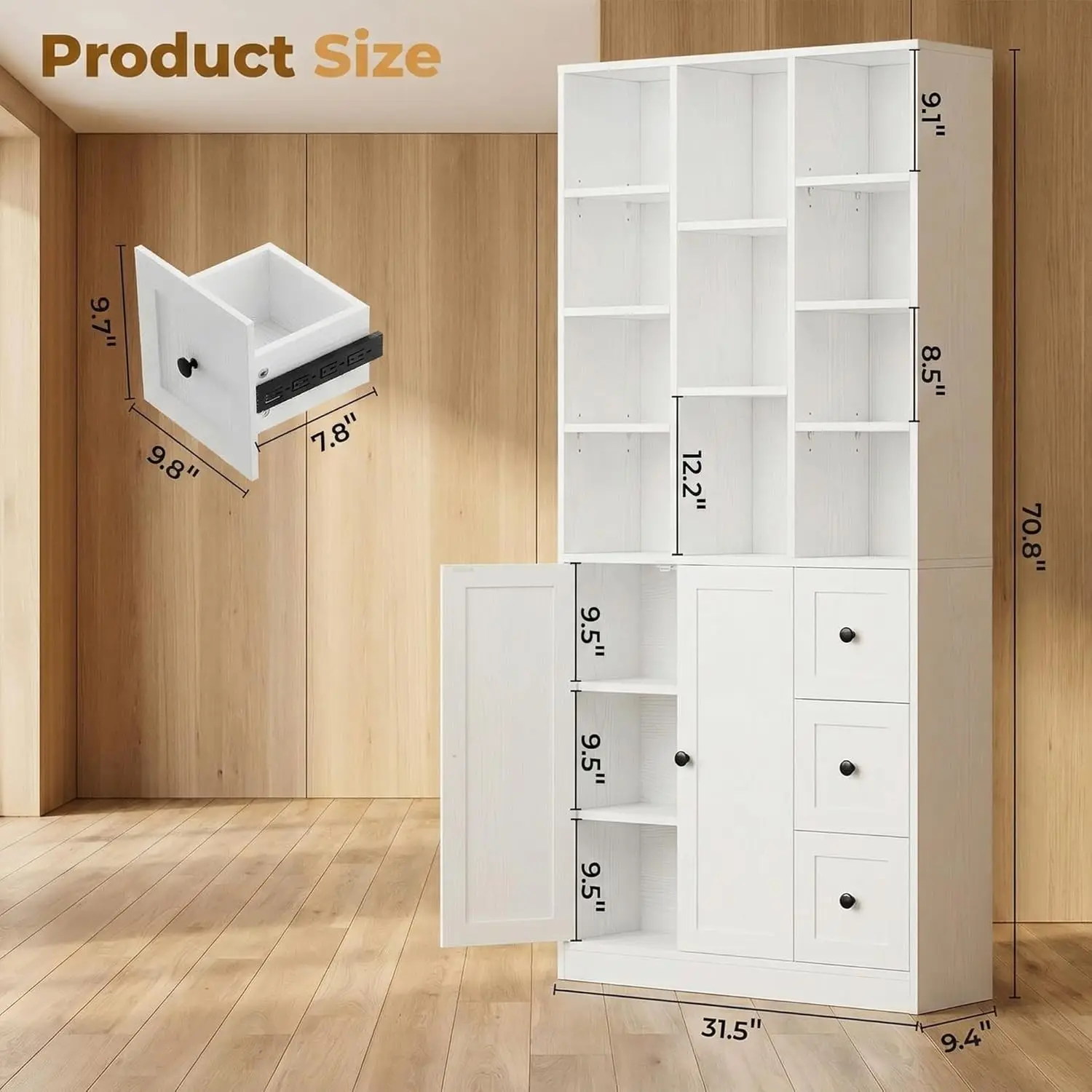White 7-Tier Bookcase with 2 Doors & 3 Drawers, 71
