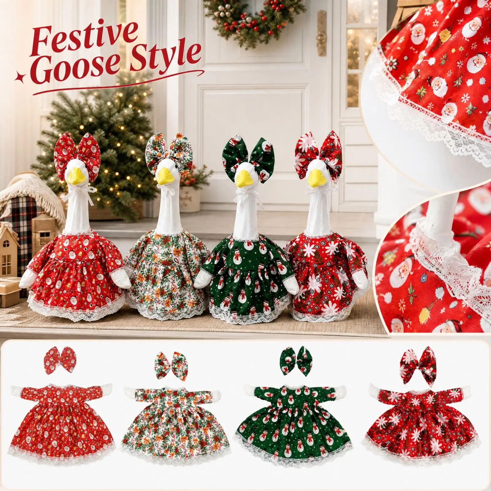 Christmas Porch Costume Set Christmas Goose Statue Outfit Santa Print Dress With Bow Headband For Goose Figurine Holiday Decor