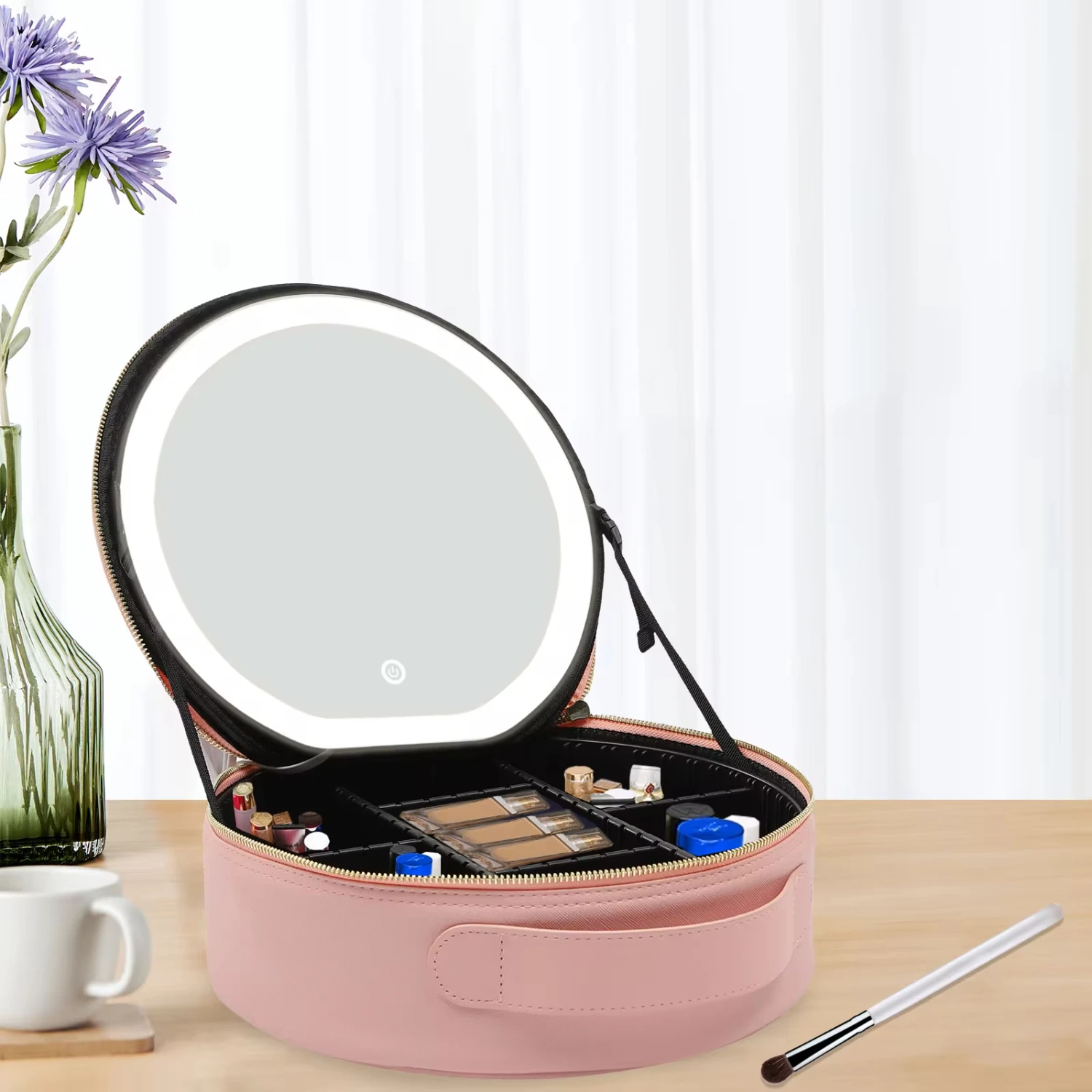 

Makeup with Mirror and Light Pink Travel Makeup Case Cosmetic Organizer Portable with Adjustable Dividers