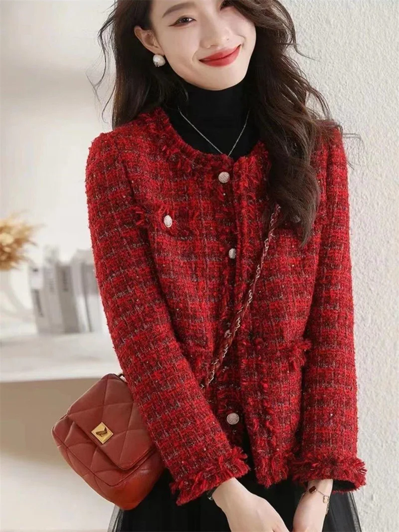 2025 New Autumn Jacket French High end Temperament Red Fragrant Coat Women Short Thick Tweed Outwear Female Cropped Jacket Tops