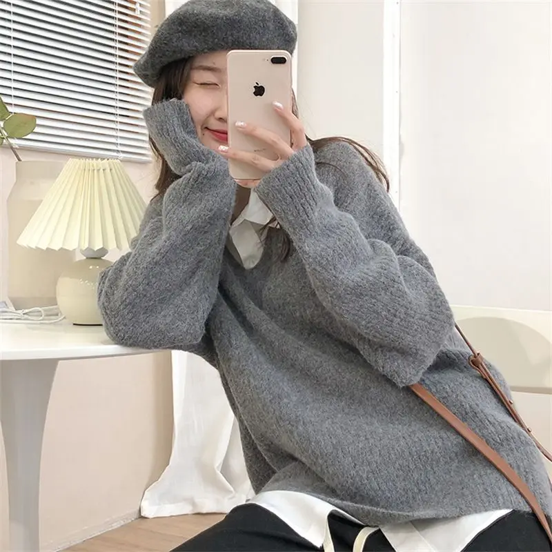 Autumn Winter New Fashion V-neck Long Sleeve Solid Color Pullovers Women's Clothing Loose Casual All-match Trend Knitting Tops