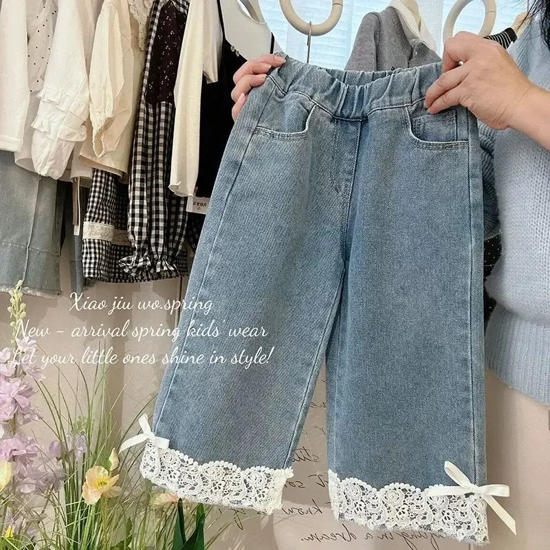 

Kids Girls' Lace Bow Straight Leg Jeans Spring And Autumn New Style Versatile Wide Leg Children's Pants