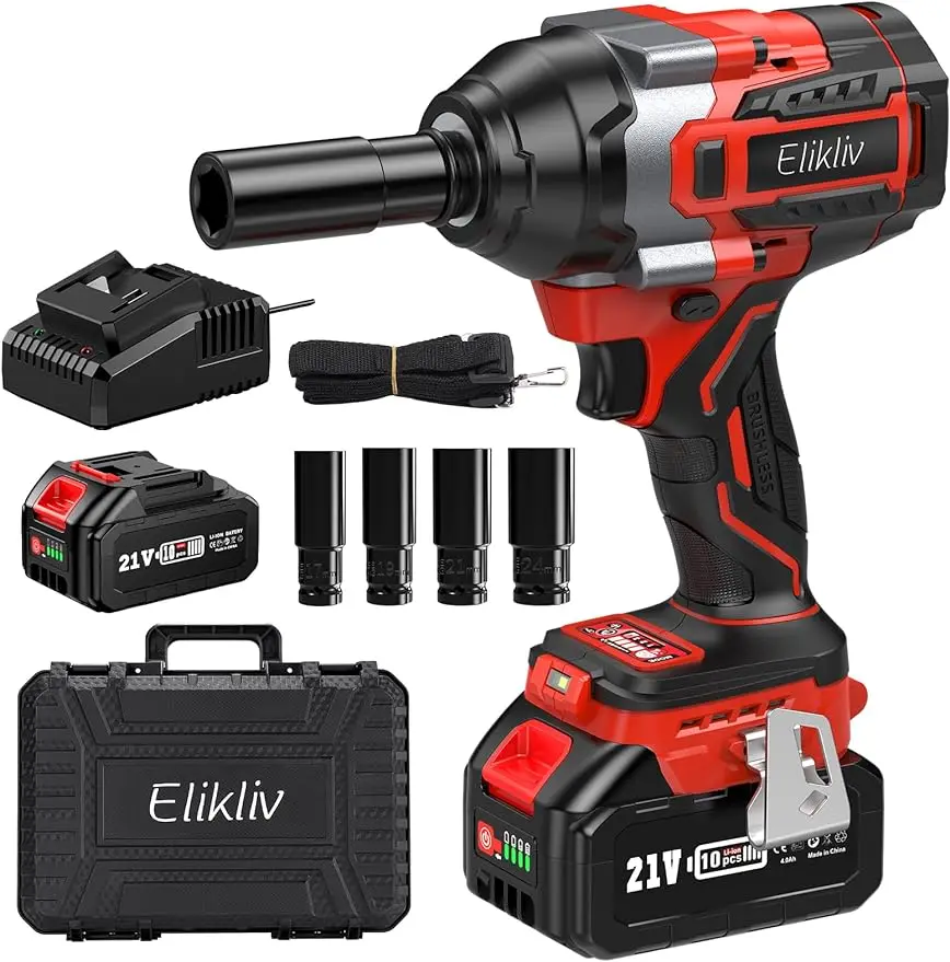 

Elikliv Cordless Impact Wrench 1/2 inch, 750 Ft-lbs Max Torque(1000N.m), 21V 3000 RPM Brushless Power Impact Gun, 4.0Ah Li-ion B