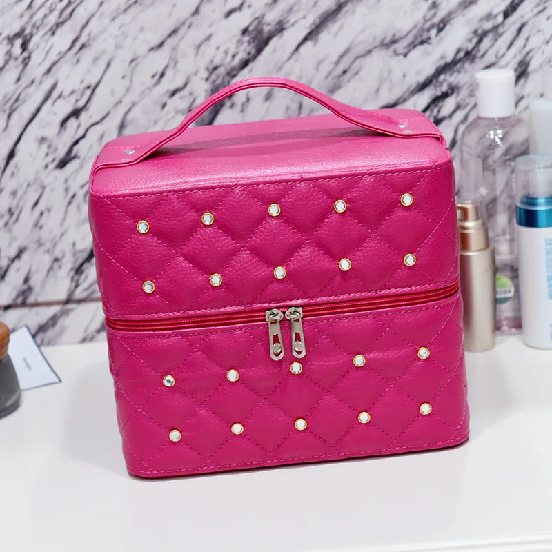 Double Layered Large Capacity Makeup Bag Luxury Diamond Handbag Women's Travel PU Cosmetics Storage Box Portable Beauty Pack ﻿