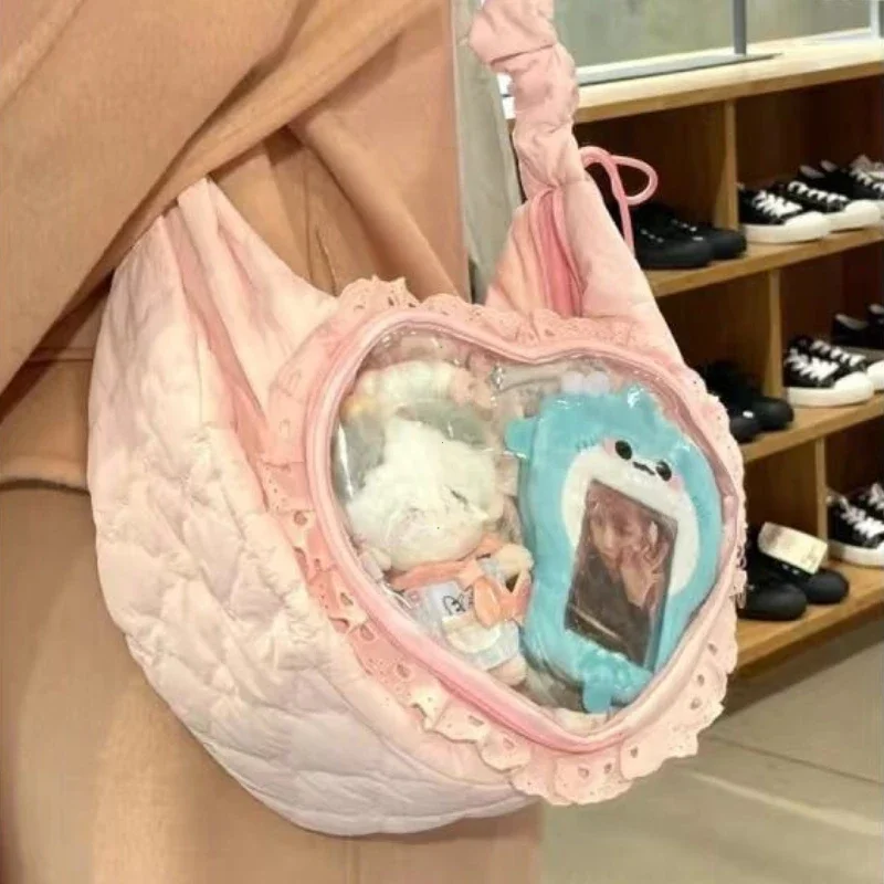 

Pink Cute Womens Shoulder Bag Pleated Love Heart Lolita Jk Bag Drawstring Ballet Style Sweet Fashion Female Handbag