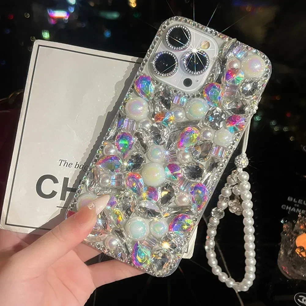 Stunning 3D Diamond Laser Pearl Crystal Strap Phone Case Capa for Xiaomi 13 14 POCO X3 X4 X5 F4 F5 PRO M4 M5 M6 Phone