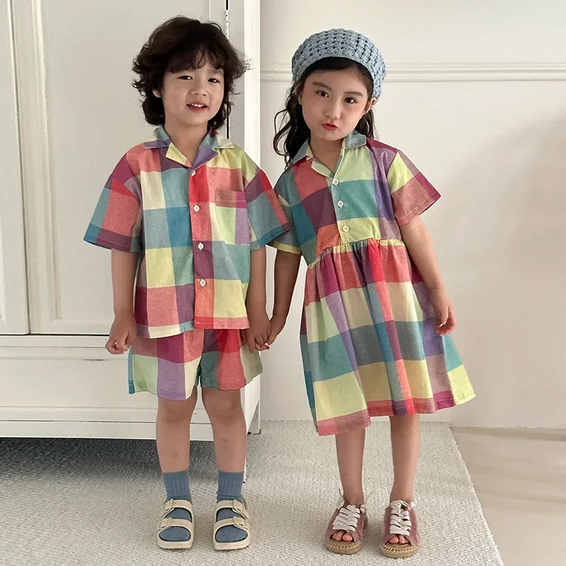 Boy's Suit Brother And Sister Summer Clothes Children's Clothes 2025 Summer New Baby Girl Dress Or Plaid